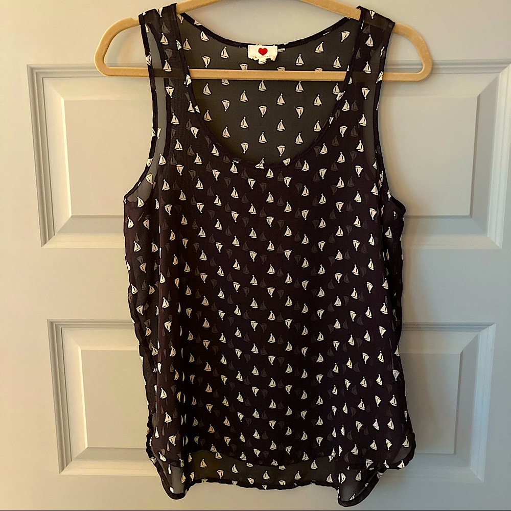 one clothing Black Tank Top with White Sailboat Print